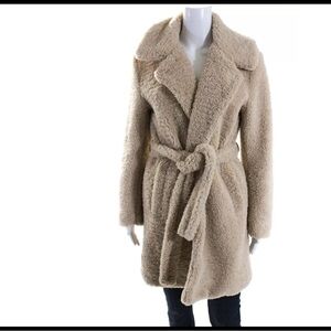 DH Womens Faux Fur Textured Collared Belted Long Sleeve Coat Brown Size XS